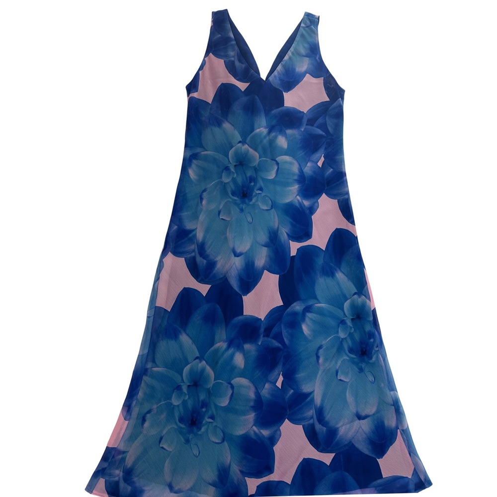 VTG Tessuto Floral Maxi Dress‎ Women's Medium Blue Pink Sleeveless Made USA